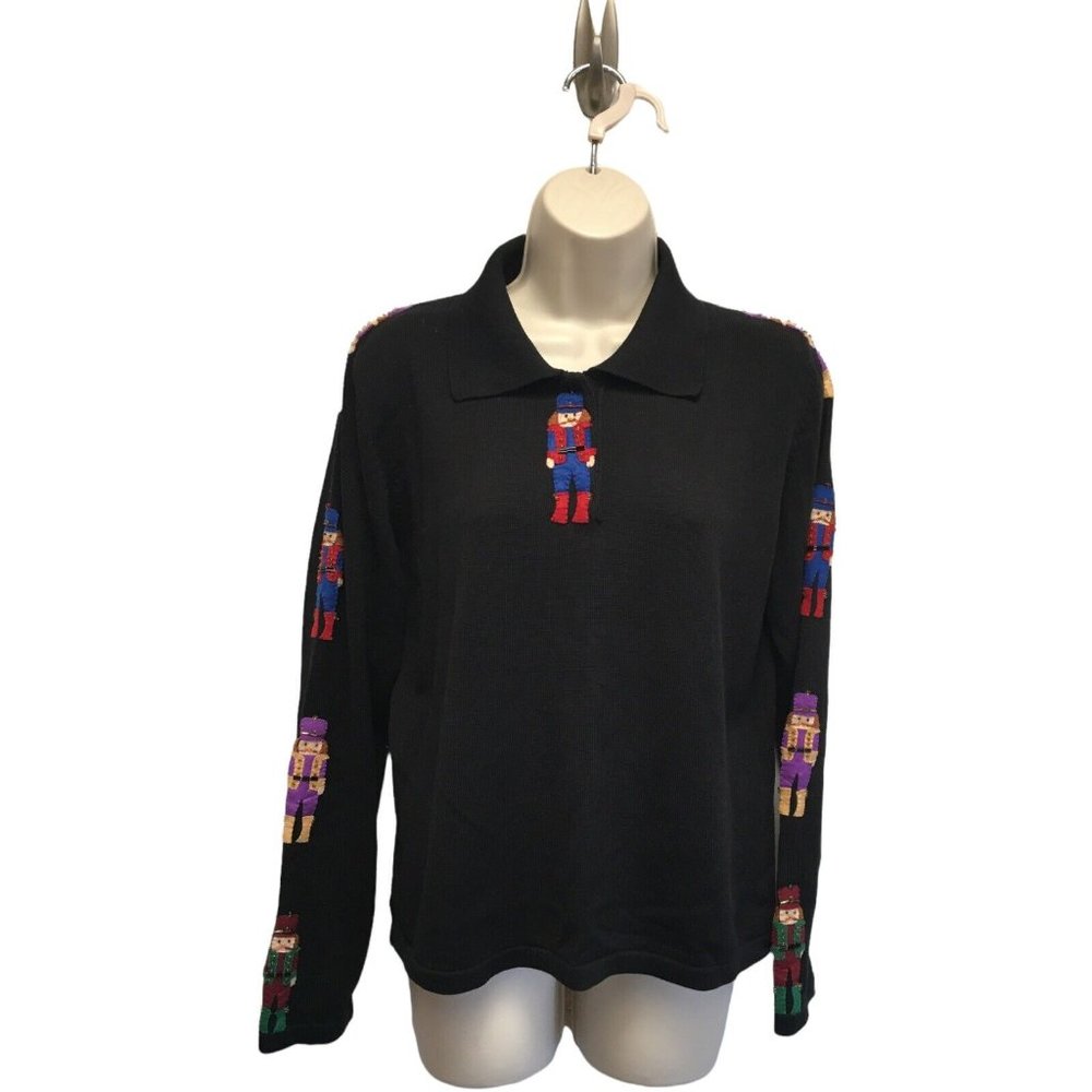 Sweater Weather Polo Sweater Black Beaded Christmas Toy Soldier L NWT May Fit M